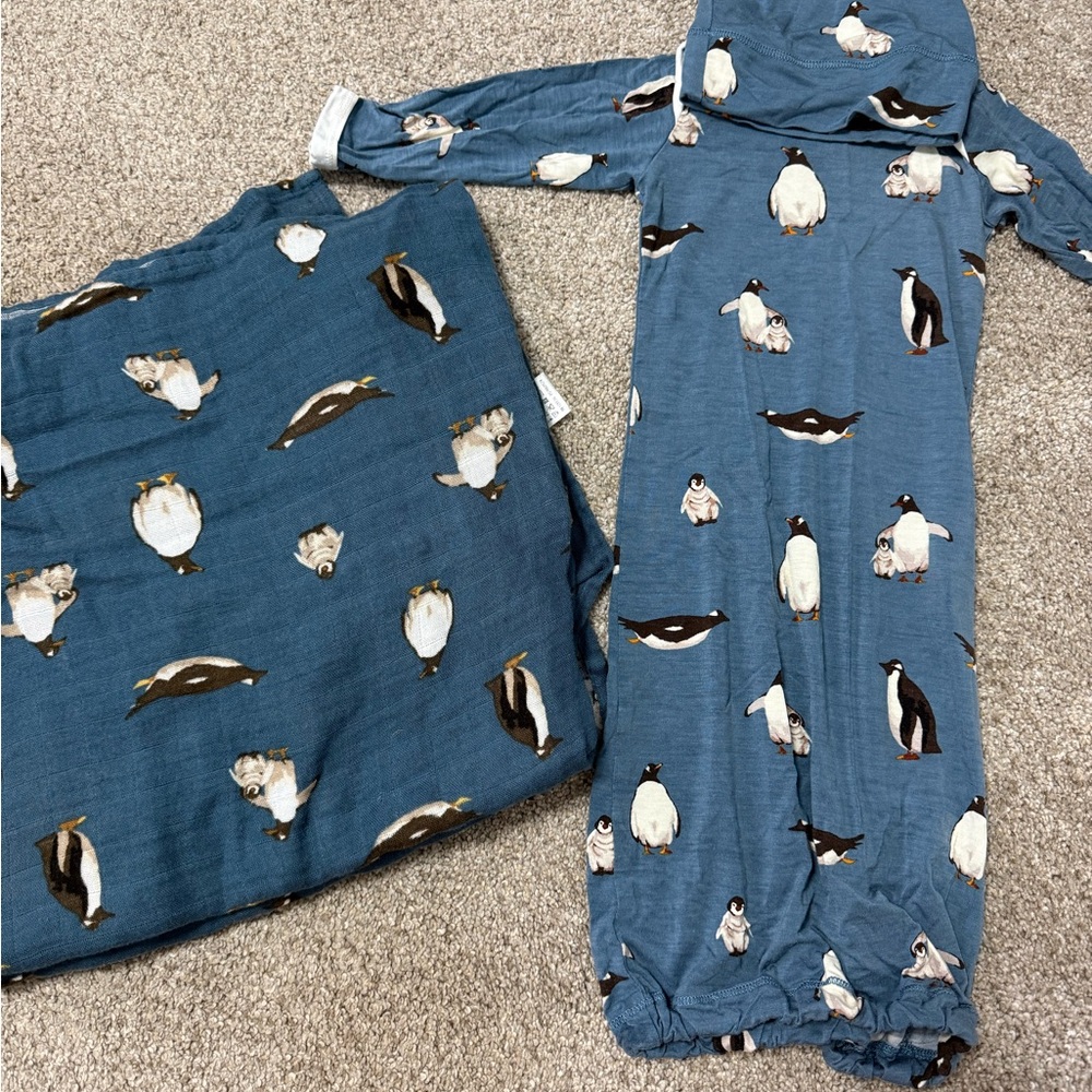 Milkbarn Blue Sleep Pajamas & Swaddle with Penguin Print